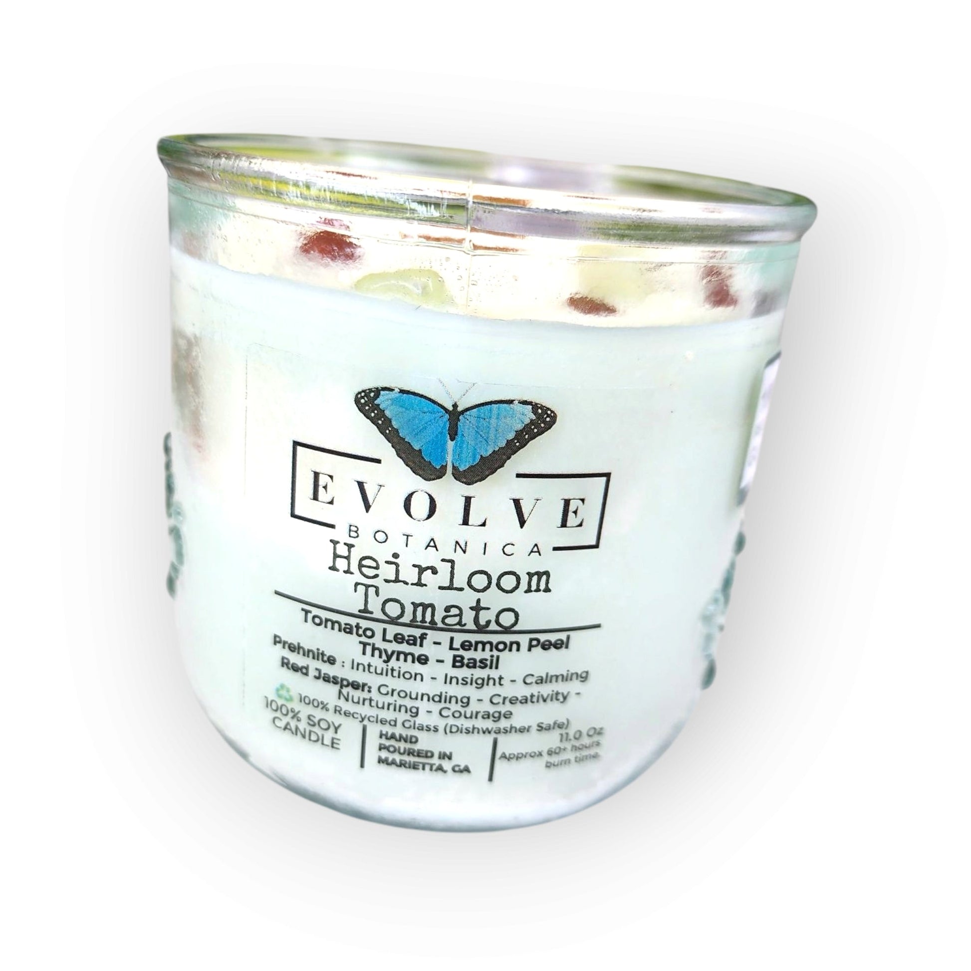 Soy candle from Evolve Botanica with heirloom tomato scent, wood wick, prehnite and red jasper stones, natural home decor.