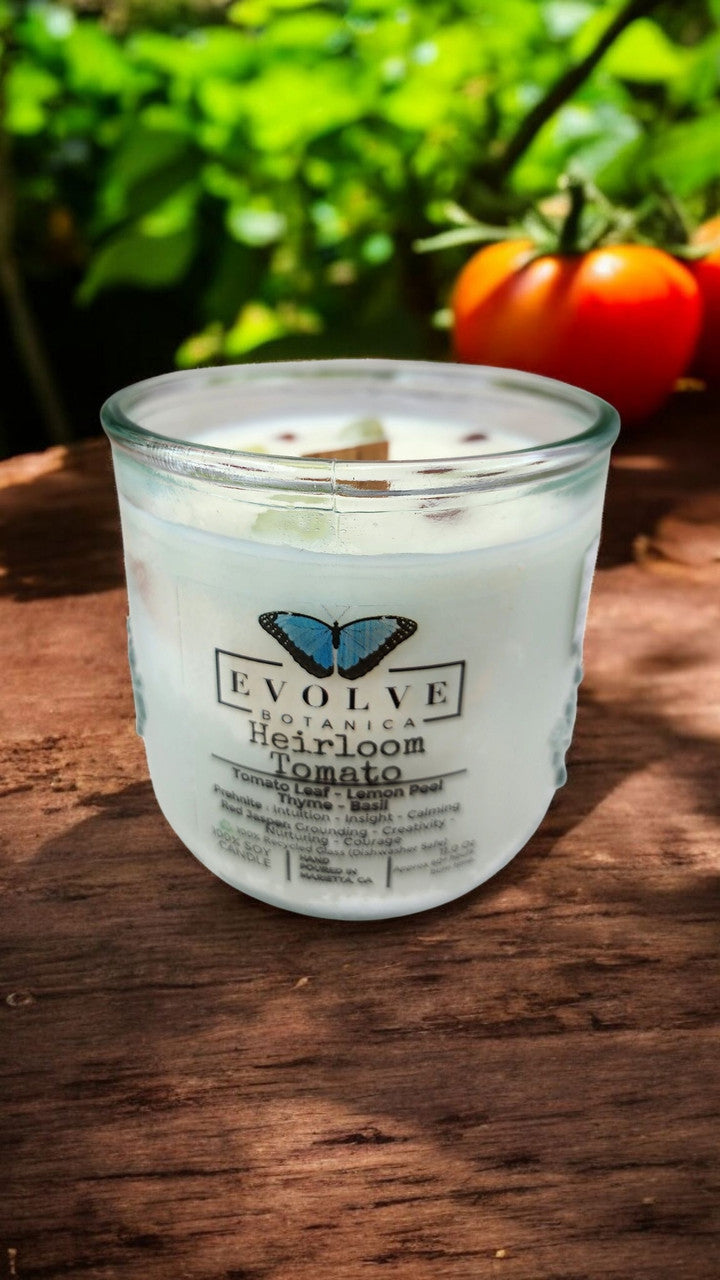 Evolve Botanica Rocks Candle Heirloom Tomato soy candle with wood wick, Prehnite, and Red Jasper stones, decorative and aromatic.