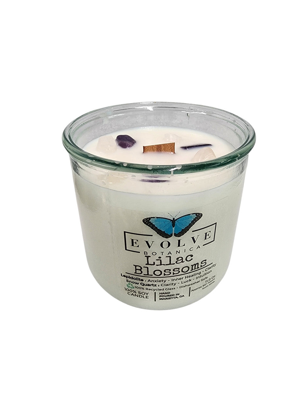 Evolve Botanica Rocks Candle Lilac Blossoms with wood wick, Lepidolite gemstone, soy wax, and floral design in a glass jar.