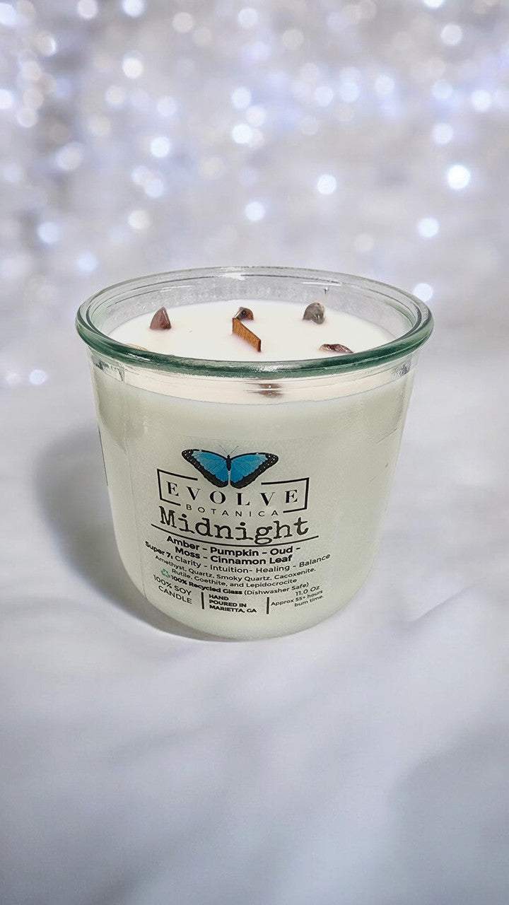 Evolve Botanica Rocks Candle Midnight with wood wick and Super Seven gemstones, soy wax, elegant and calming home decor.