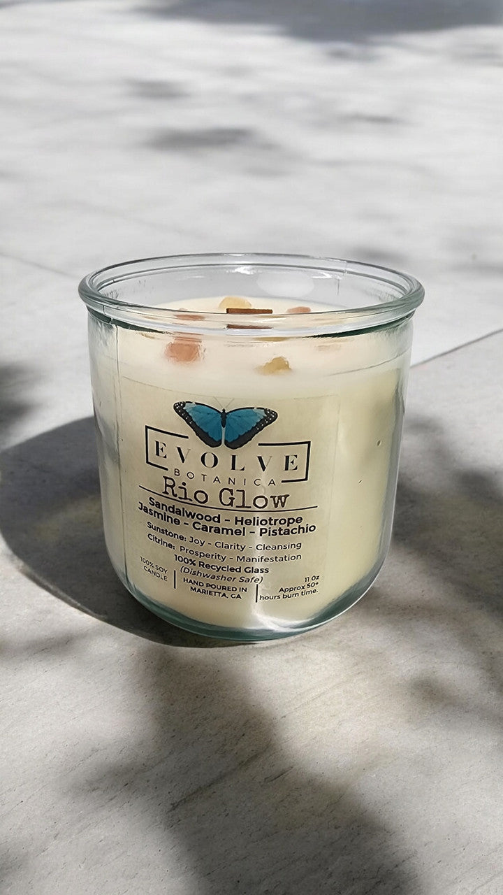 Evolve Botanica Rocks Candle Rio Glow with sunstone and citrine gemstones, wood wick soy candle, natural and decorative.