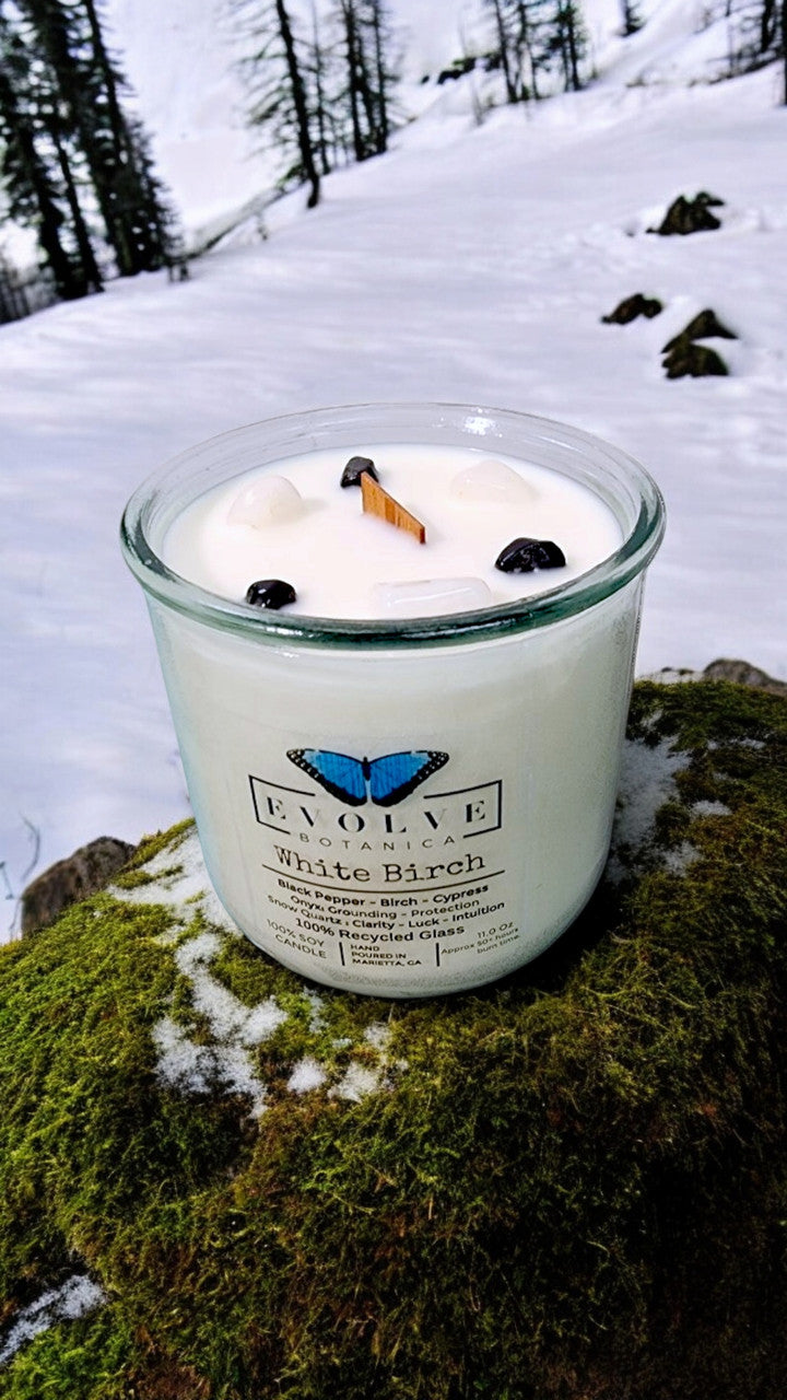Rocks Candle - White Birch (Wood Wick Snow Quartz & Onyx Gemstone Soy Candle) - Blessings Grow Meadows