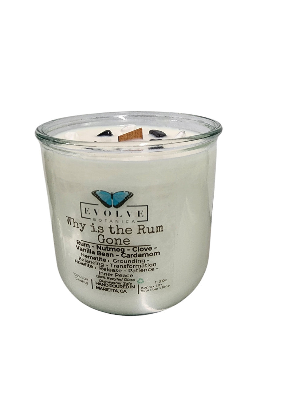 Evolve Botanica Rocks Candle with hematite and howlite, featuring wooden wick, for grounding, balancing, and inner peace.