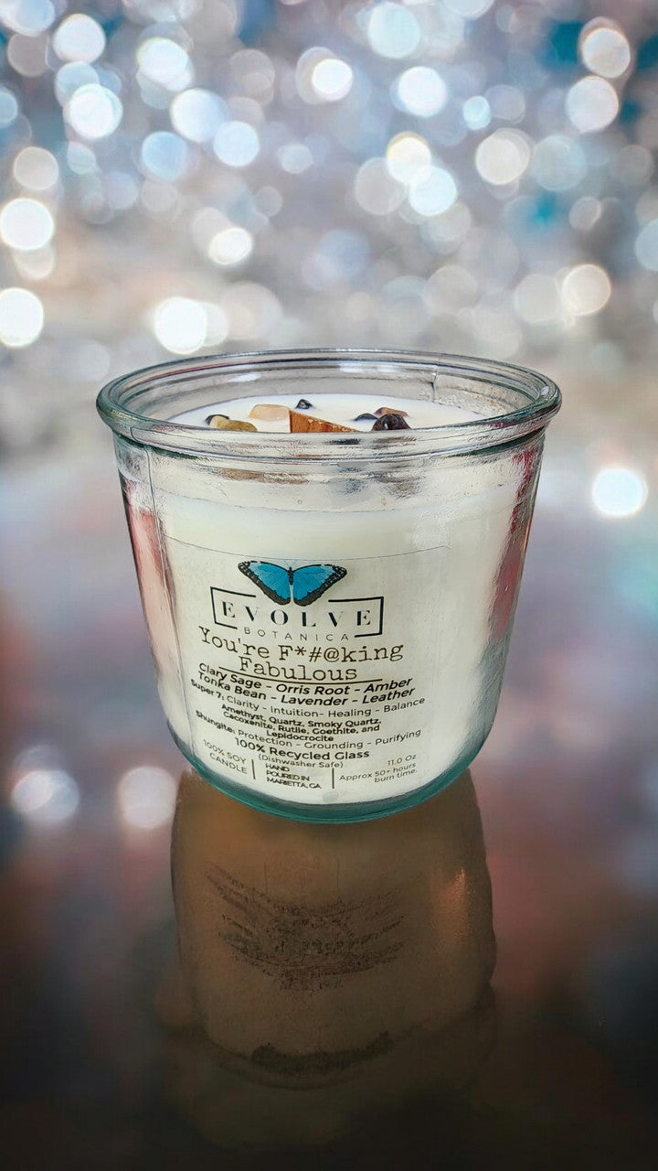 Rocks Candle by Evolve Botanica featuring amethyst, quartz, smoky quartz, cacoxenite, rutile, goethite, and lepidocrocite crystals.