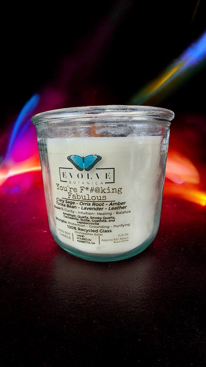Rocks Candle by Evolve Botanica featuring amethyst, quartz, smoky quartz, cacoxenite, rutile, goethite, and lepidocrocite crystals.