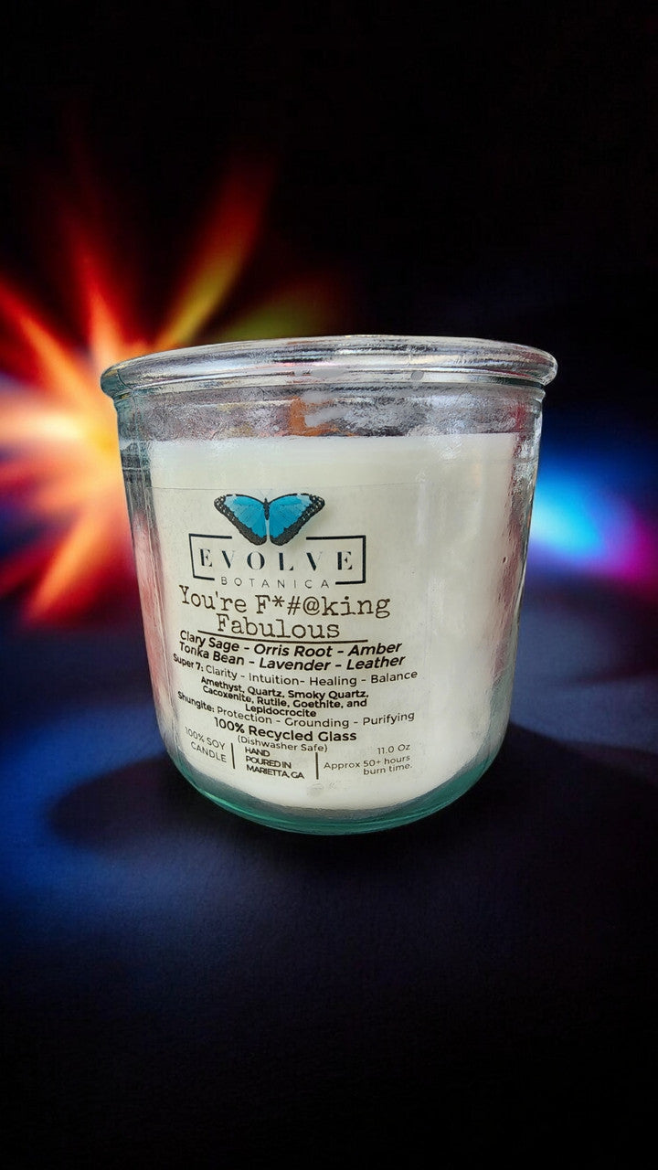 Rocks Candle by Evolve Botanica featuring amethyst, quartz, smoky quartz, cacoxenite, rutile, goethite, and lepidocrocite crystals.