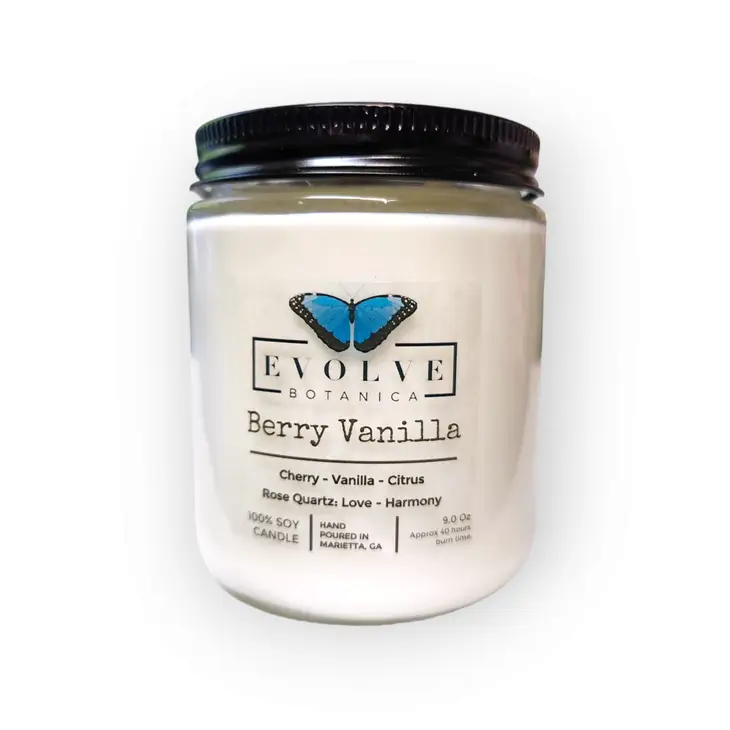 Evolve Botanica Classic 9oz jam jar crystal soy candle with berry vanilla scent and rose quartz, natural wood wick.