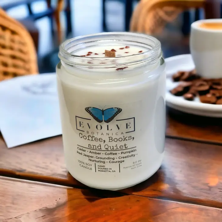 Evolve Botanica Classic 9oz Jam Jar Crystal Soy Candle with natural wood wick, labeled Coffee, Books, & Quiet, Jasper scent.