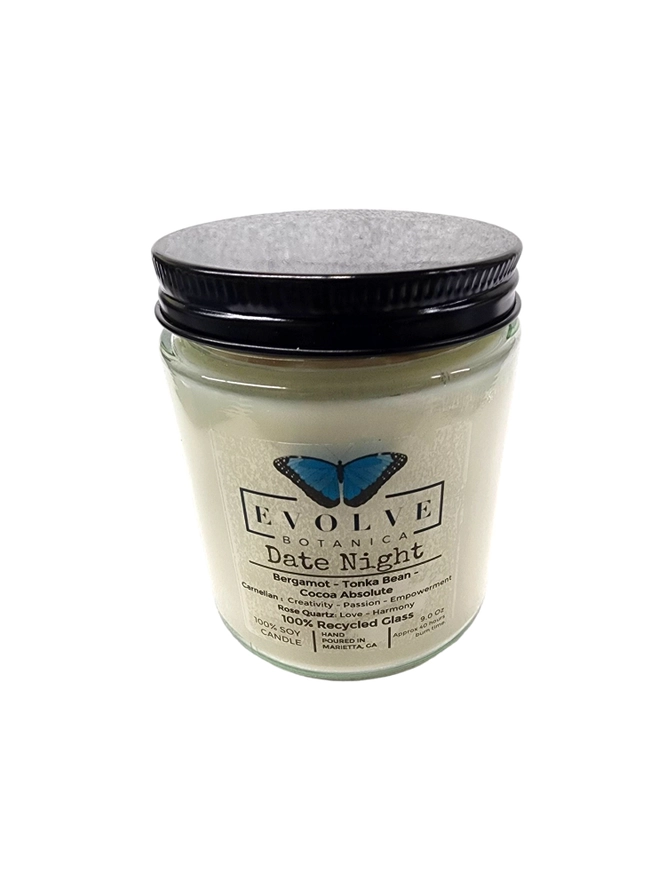 Evolve Botanica Classic 9oz Jam Jar Crystal Soy Candle with rose quartz and carnelian for date night ambiance.