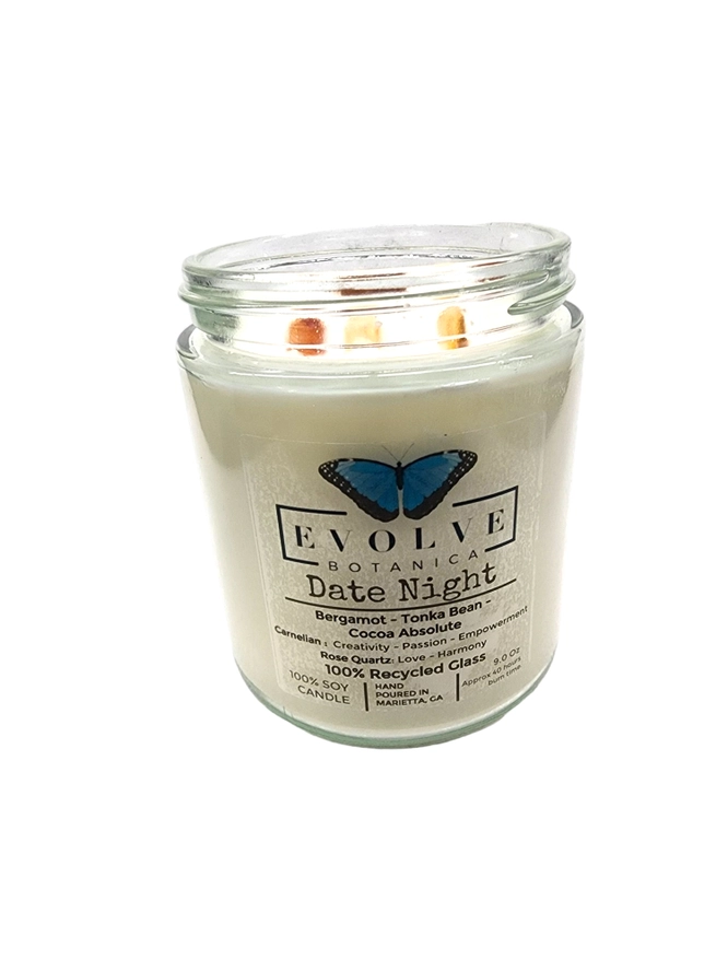 Evolve Botanica 9oz Jam Jar soy candle with rose quartz and carnelian crystals, natural wood wick, ideal for date night ambiance