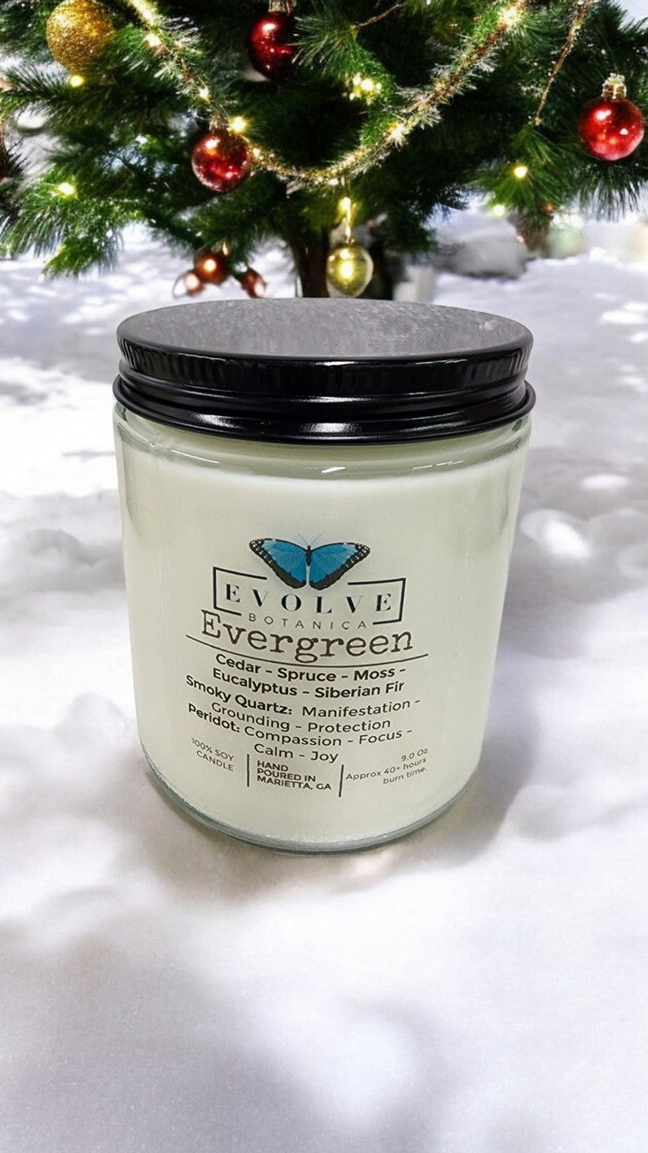 Evolve Botanica Classic 9oz Jam Jar Crystal Soy Candle in Evergreen with Smoky Quartz and Peridot, natural wood wick.