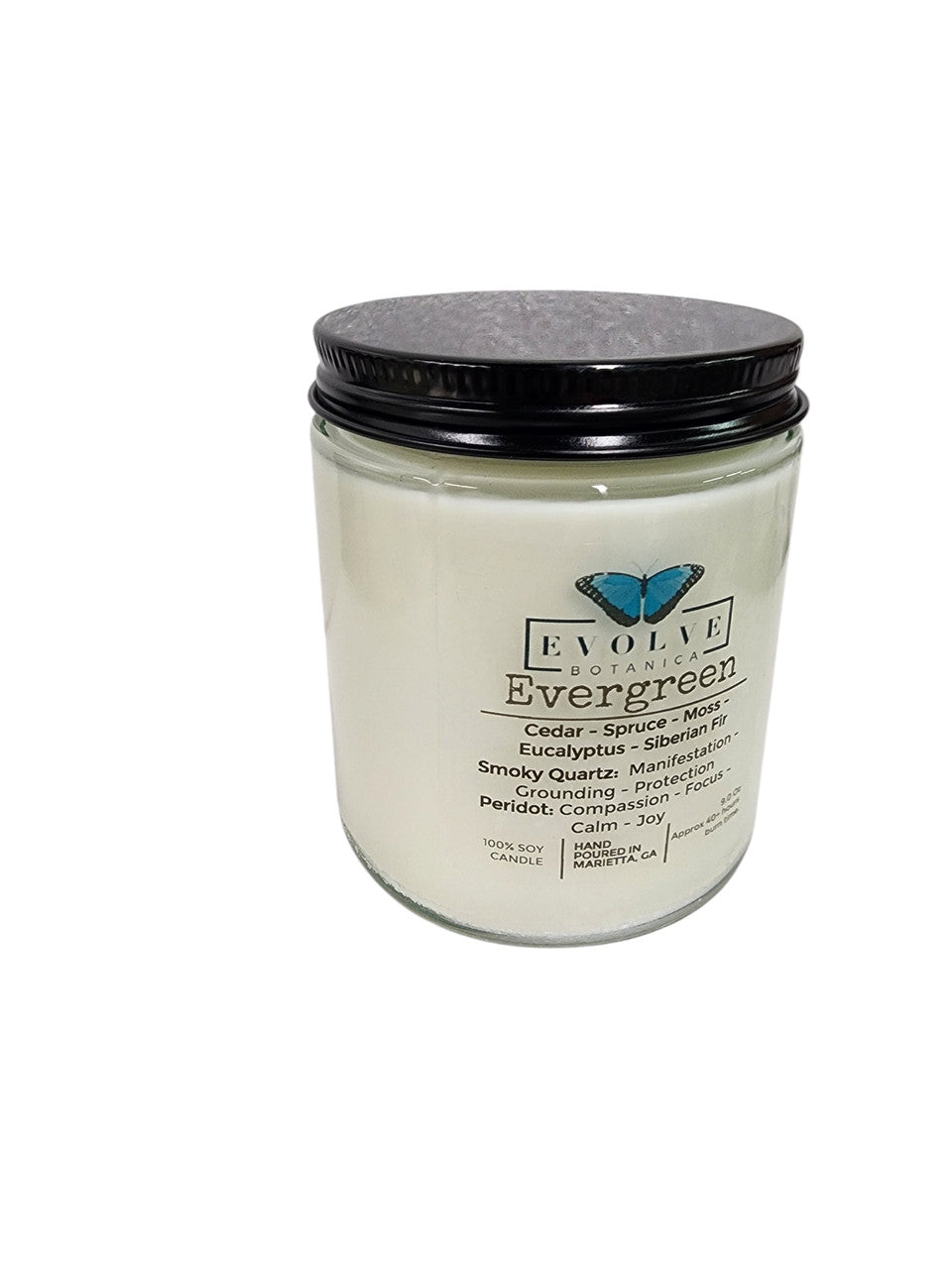 Evolve Botanica 9oz jam jar soy candle in evergreen scent with smoky quartz and peridot crystals, natural wood wick.