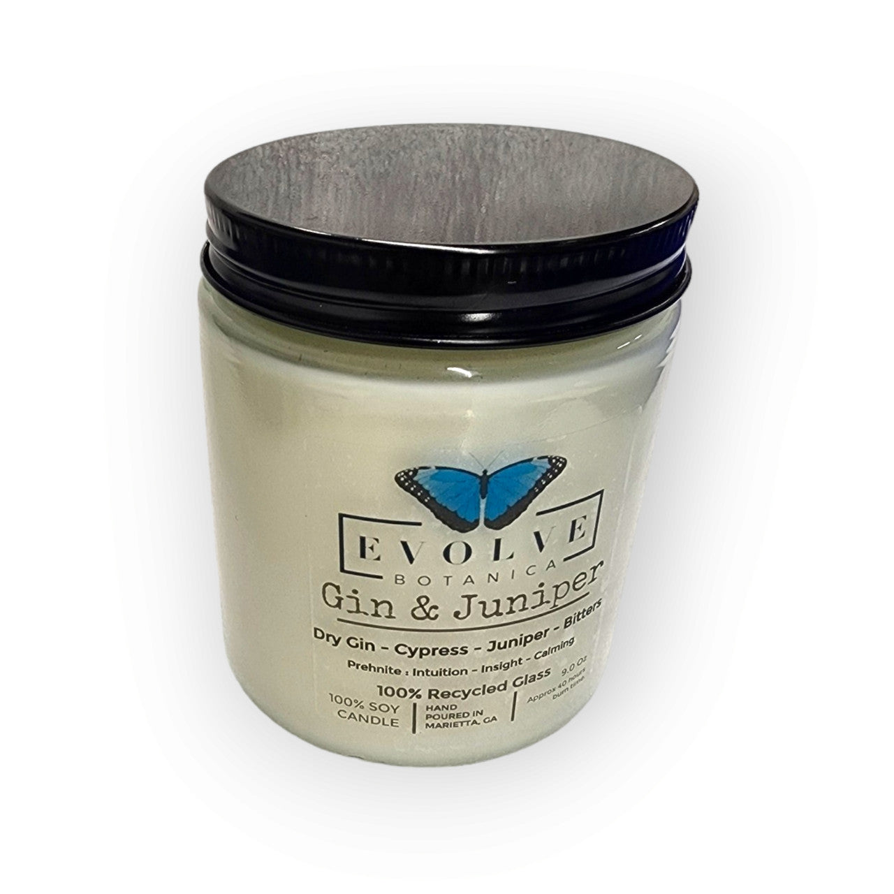 Evolve Botanica Classic 9oz Jam Jar Crystal Soy Candle with Gin & Juniper scent and Prehnite crystal, natural wood wick.
