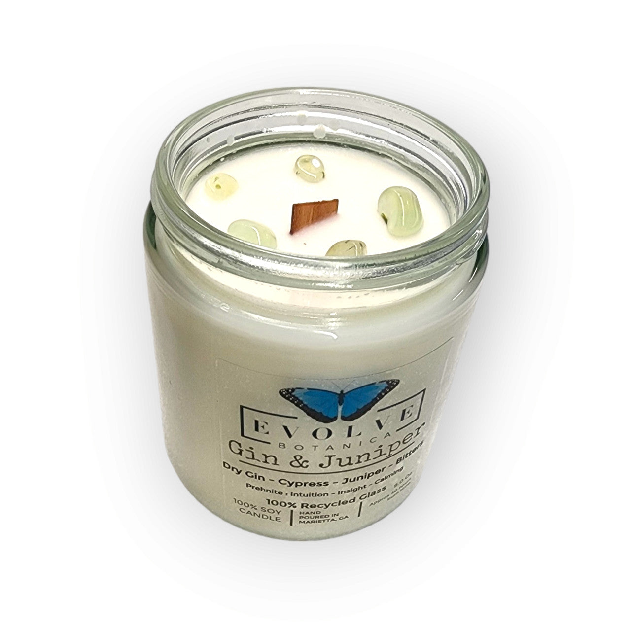 Evolve Botanica Classic 9oz jam jar crystal soy candle with gin and juniper scent, featuring prehnite gemstone, natural wood wick.
