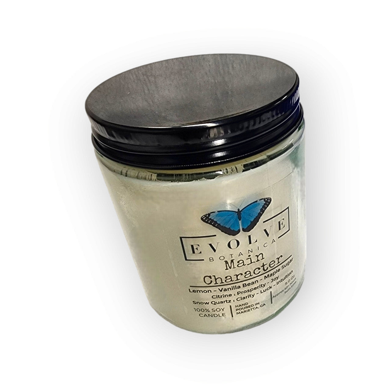 9oz Jam Jar crystal soy candle by Evolve Botanica featuring Citrine and Snow Quartz, natural wood wick, and elegant glass container.
