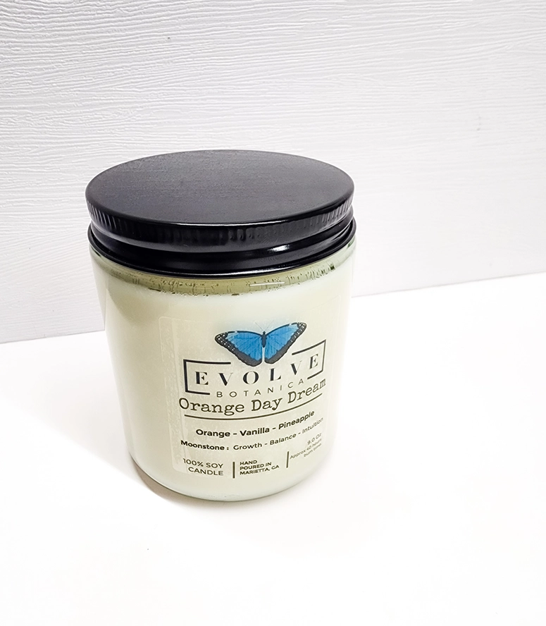 Classic 9oz Jam Jar Crystal Soy Candle by Evolve Botanica featuring an orange Day Dream scent with a natural wood wick and moonstone decor.