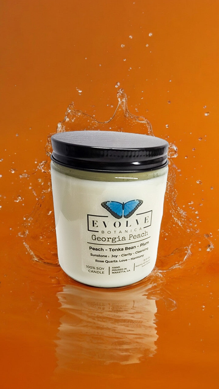 Evolve Botanica Classic 9oz jam jar soy candle with orange Day Dream scent and moonstone crystal, natural wood wick.