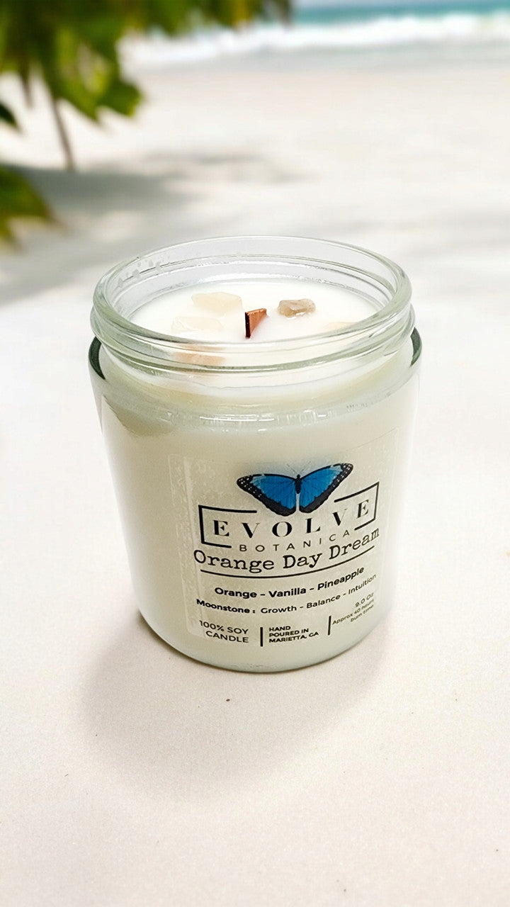 Evolve Botanica Classic 9oz Jam Jar Crystal Soy Candle with orange scent, featuring a natural wood wick and Moonstone accents.