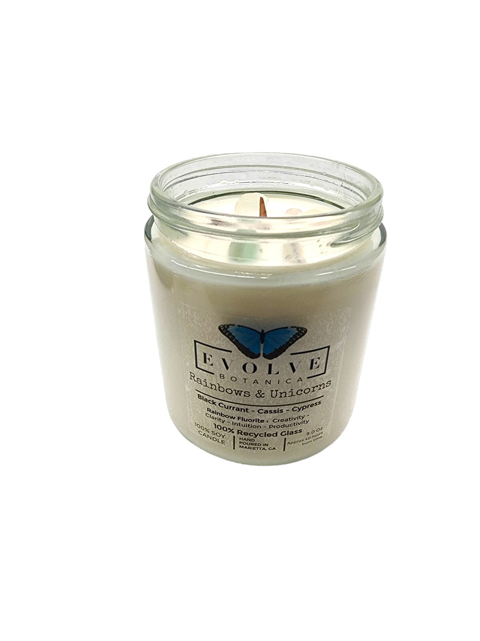 Evolve Botanica 9oz Jam Jar Crystal Soy Candle with rainbows, unicorns design and fluorite gemstone, natural wood wick.