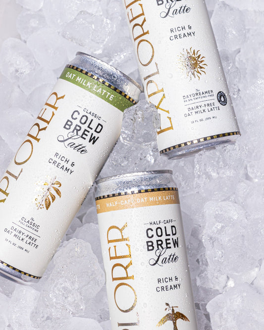 Cold Brew Oat Latte from Explorer Cold Brew in 12-pack, rich and creamy coffee with customizable caffeine levels, 12 oz cans.