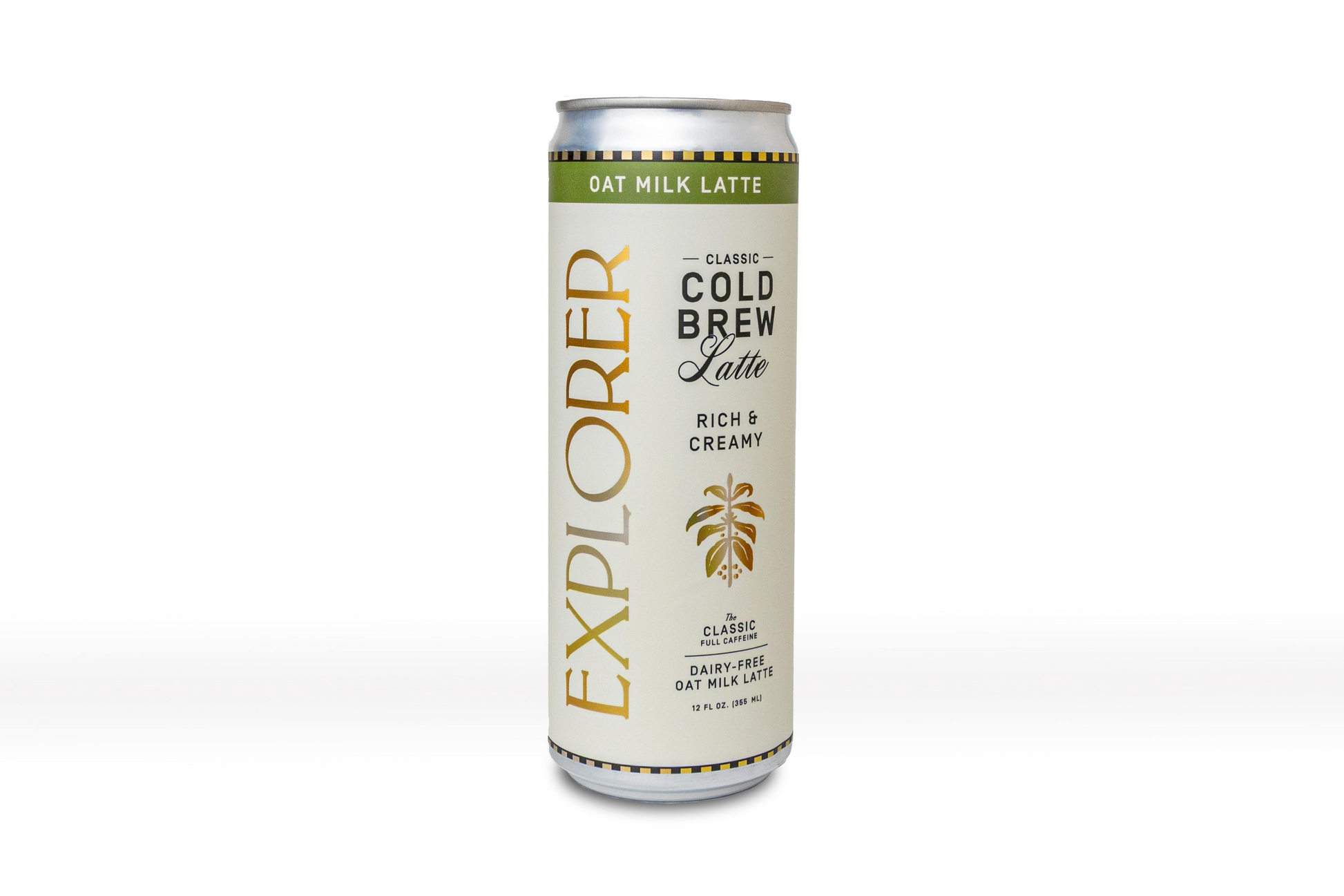 Cold Brew Oat Latte pack by Explorer Cold Brew, 12 creamy 12oz cans with customizable caffeine levels, rich coffee oat flavor.