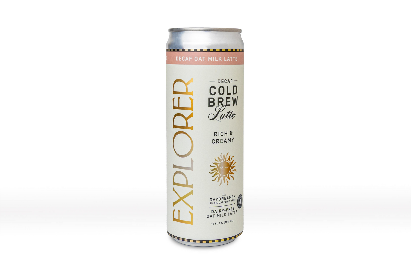 Cold Brew Oat Latte from Explorer Cold Brew in 12-pack, rich, creamy coffee with customizable caffeine levels, 12 oz servings.