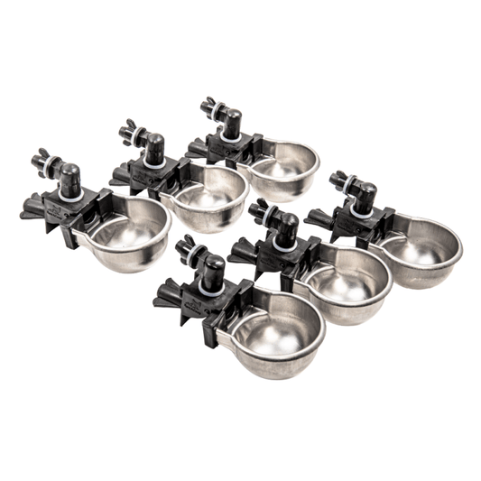 RentACoop RAC Paws DIY Auto-Fill Metal Waterer Cups for small animals like rabbits, hamsters, guinea pigs, and ferrets in a 6-pack.
