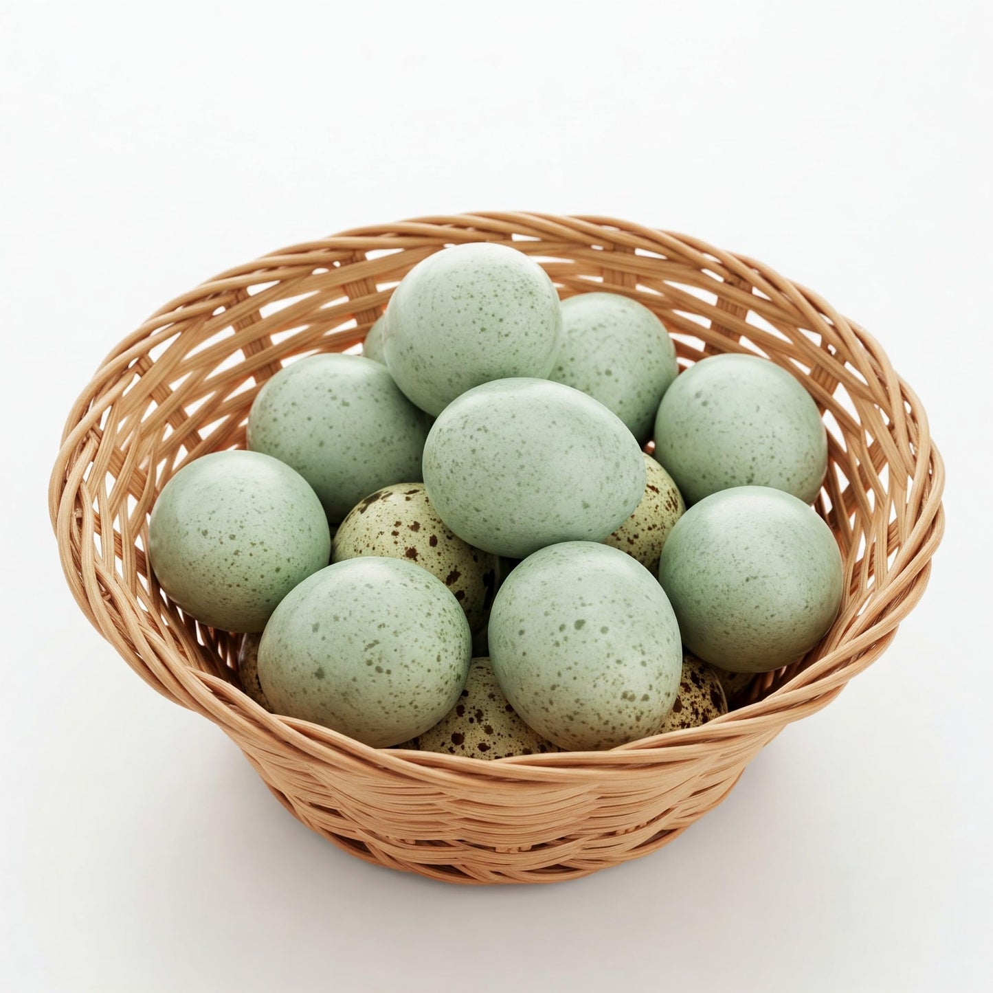 Celadon Coturnix quail hatching eggs with smooth green shells, laid in a nest for incubation by Quailz.com.