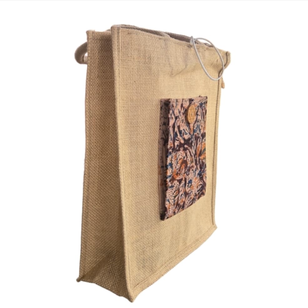 Vintage style MicRic jute cotton tote bag with large pocket, perfect for shopping and casual carry, custom-made for everyday use.