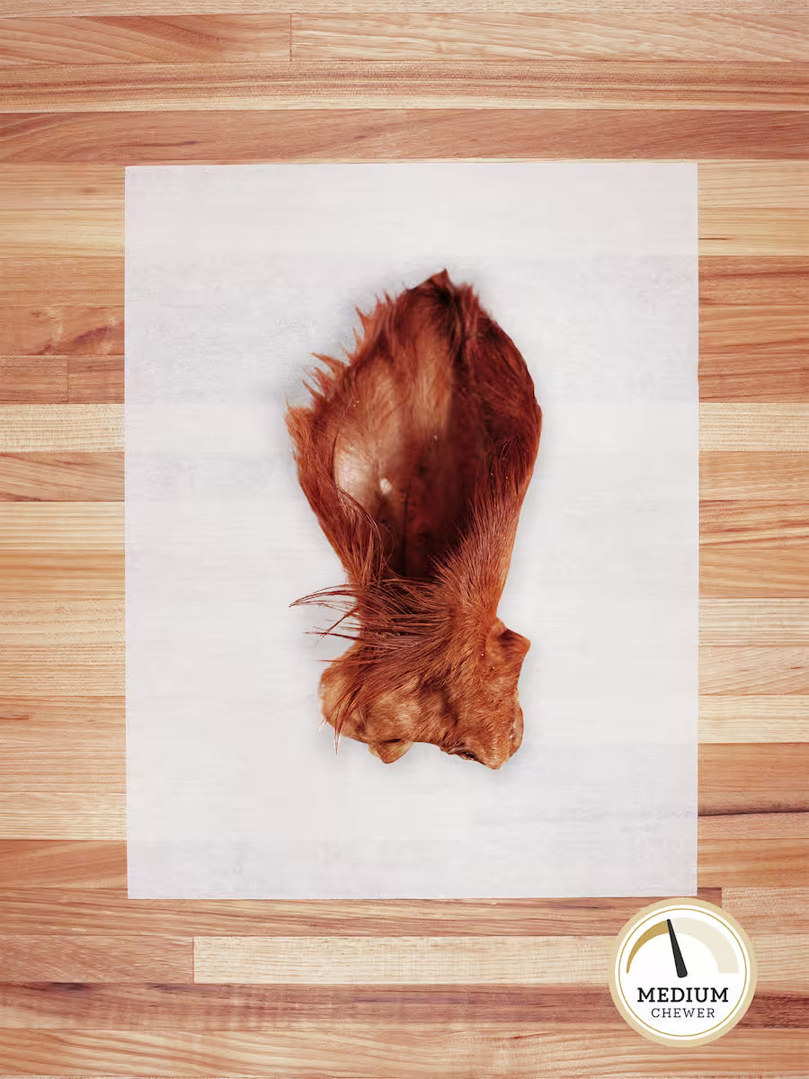 Farm Hounds beef hairy ear chew for dogs, showing a natural, textured beef ear with hair on a neutral background.