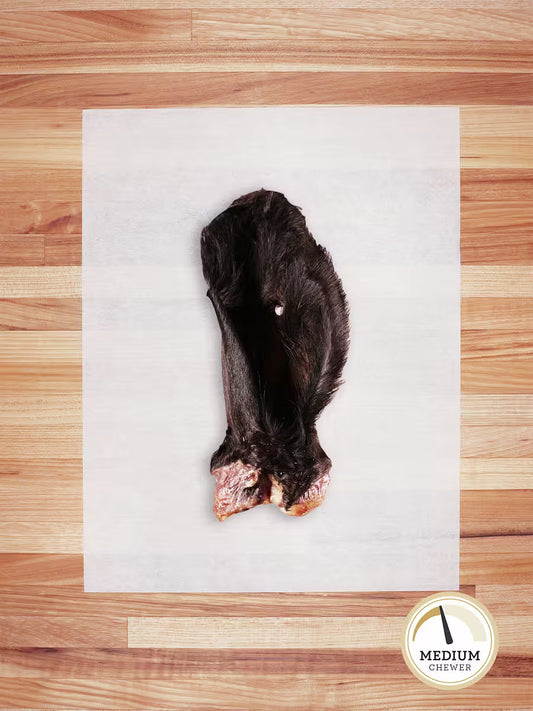 Farm Hounds beef ear chews for dogs, hairy natural dog treat with a textured, chewy appearance and visible hair on the ear.
