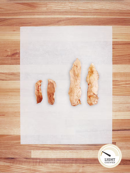 Farm Hounds hairy rabbit chews and hides for dogs, featuring natural, textured chews and small rabbit hide pieces.
