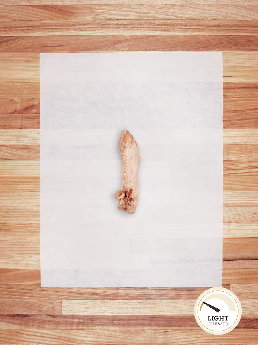 Farm Hounds hairy rabbit chews and hides, natural dog chew treats with textured, hairy surface for chewing enjoyment.