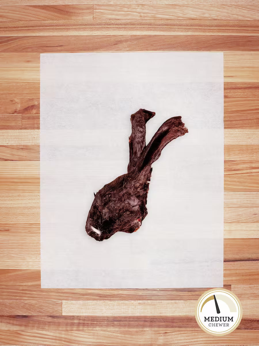 Farm Hounds hairy rabbit chews and hides, natural chews for small pets, showing the textured, hairy exterior and chewable interior.