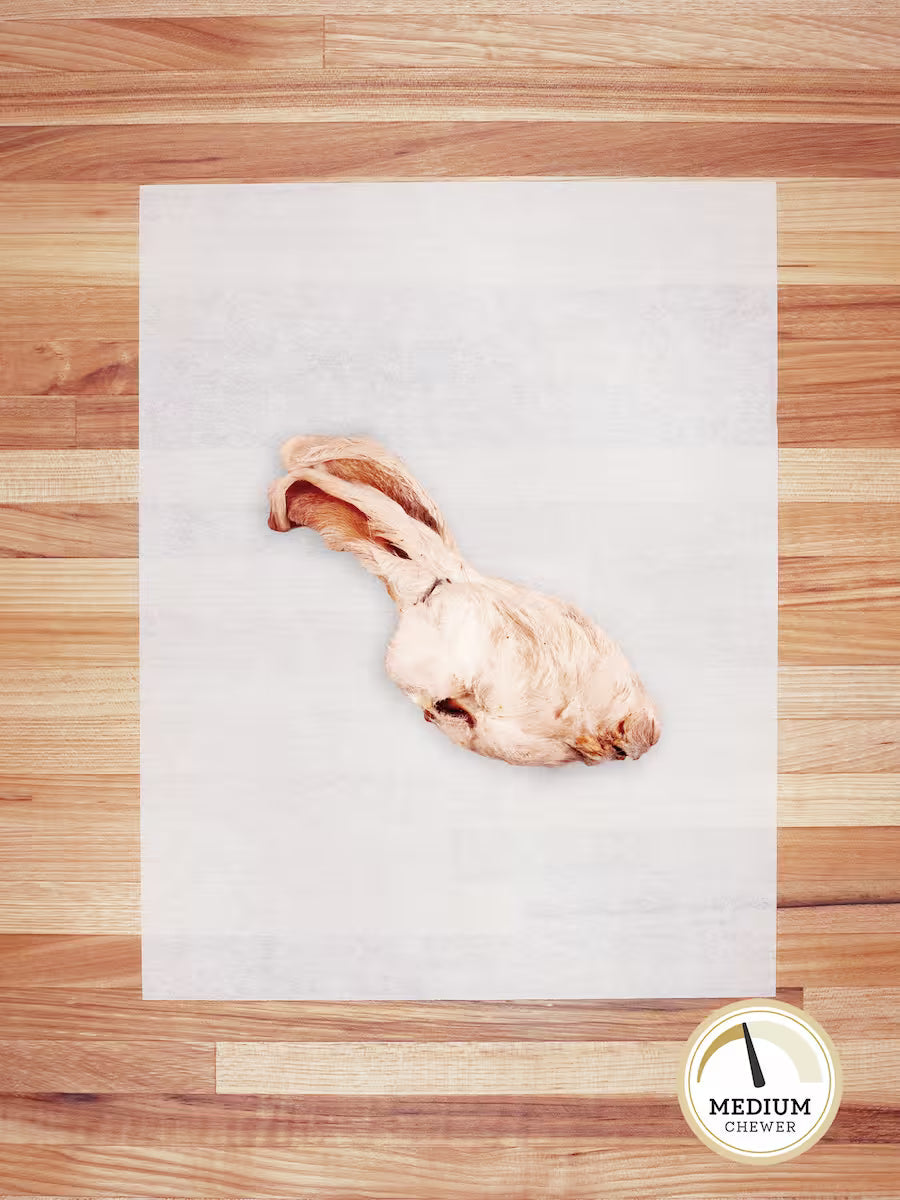 Farm Hounds hairy rabbit chews and hides, natural dog chew treats with textured, hairy surface for small dogs.