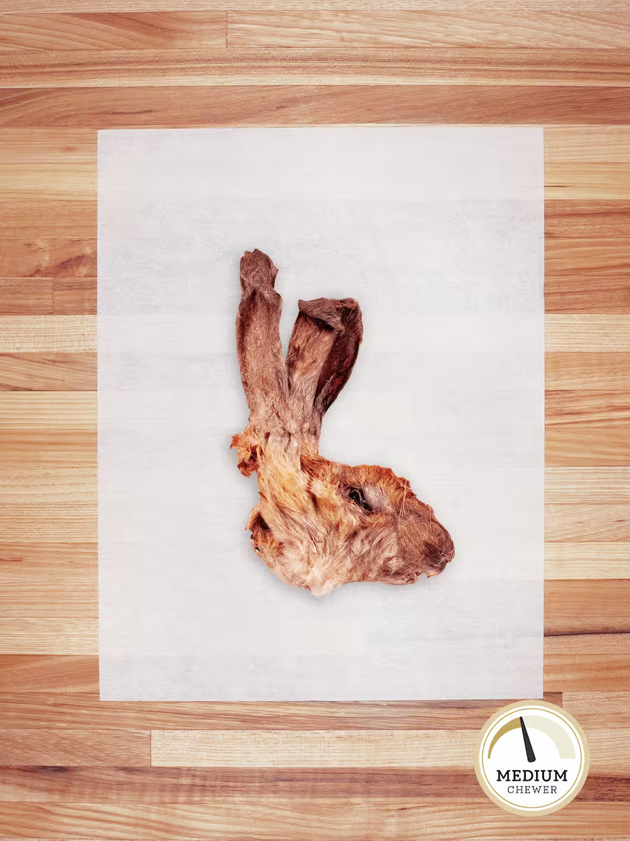 Farm Hounds hairy rabbit chews and hides, natural and durable chew treats for small pets, featuring textured hairy surface.