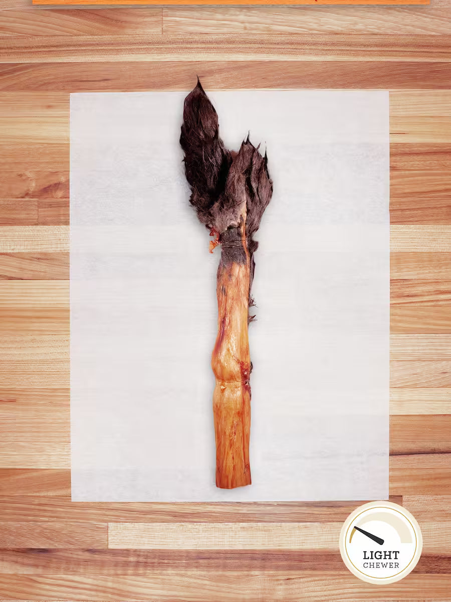 Farm Hounds hairy rabbit chews and hides, natural dog treats with textured, hairy surface, designed for chewing and oral health.