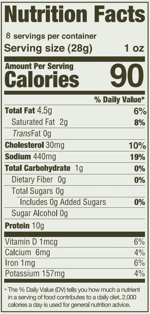 Nutrition Facts for Farmer Bill's Provisions 1/2 lb Sliced Smokehouse Beef Biltong: 8 servings per container, serving size 28g (1 oz), 90 calories per serving, plus detailed fat, cholesterol, sodium, carb, protein, and micronutrient info.
