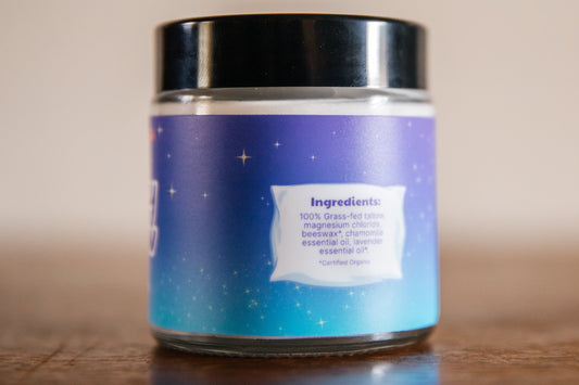 Sleepy Cow Magnesium Tallow Balm by Farmer Bill's Provisions in 4 oz jar, natural skincare for relaxation and skin soothing.