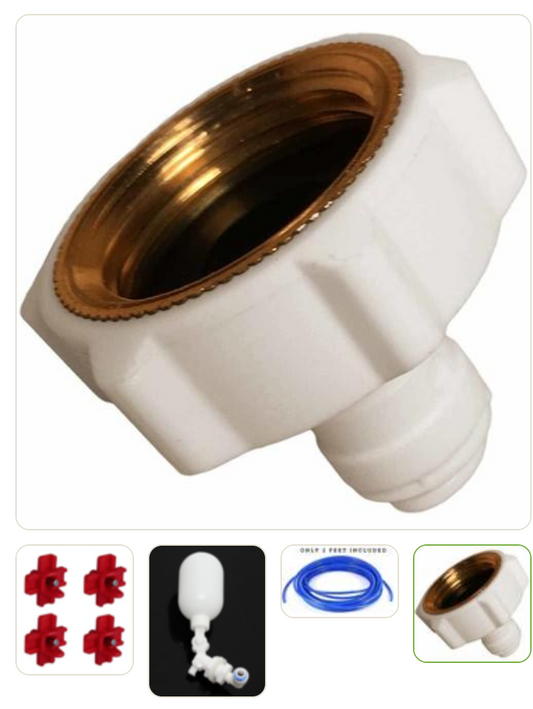 Farmer Brad DIY auto chicken waterer kit showing assembled plastic waterer with adjustable water level for poultry.
