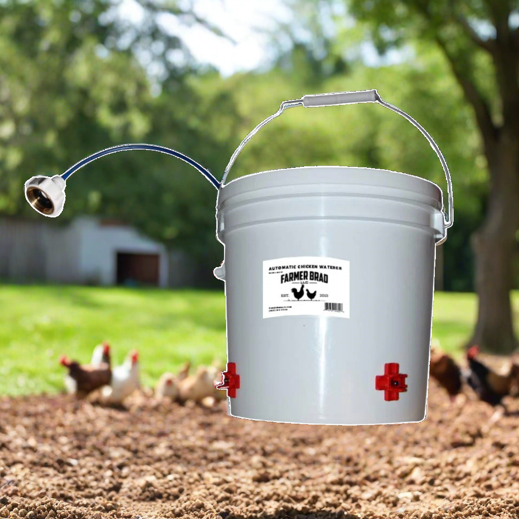 Farmer Brad automatic chicken waterer with 2-gallon capacity, clear plastic reservoir and spout for easy watering of chickens.