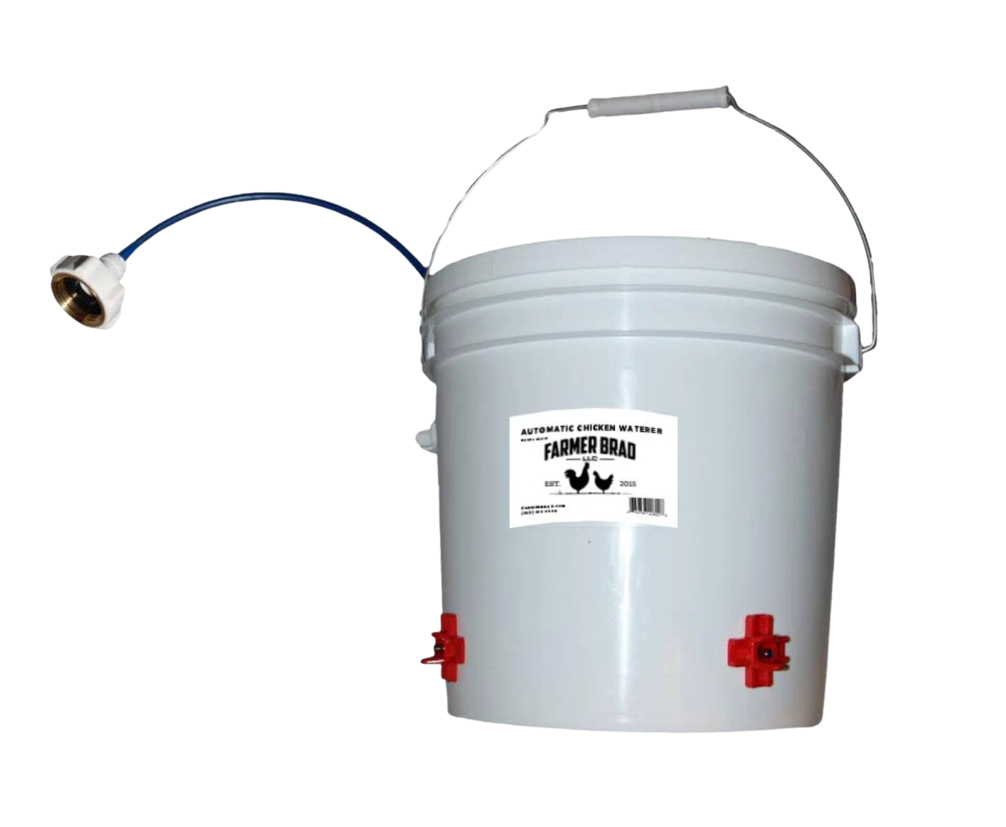 Farmer Brad 2-gallon automatic chicken waterer with transparent tank and valve for easy water access in poultry coops