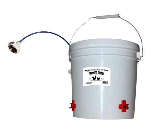 Farmer Brad 2-gallon automatic chicken waterer with clear plastic tank and valve for easy water access for poultry