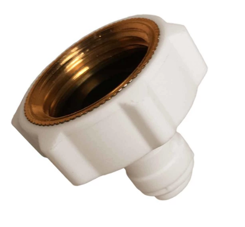 Farmer Brad 2-gallon automatic chicken waterer showing clear plastic container with water outlet for poultry hydration