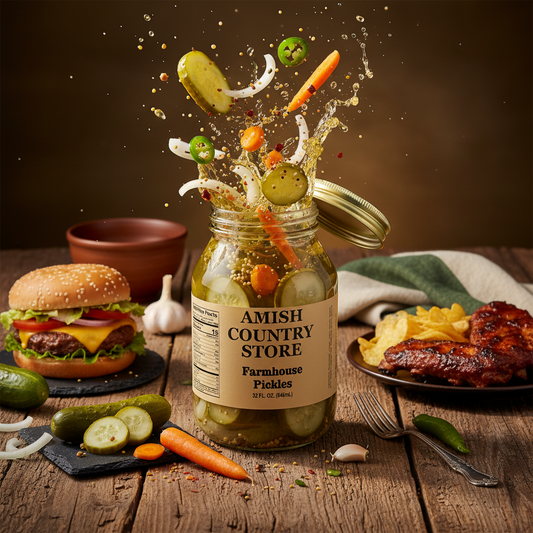 Jar of Amish Country Store farmhouse pickles in a 32 oz canning jar, showcasing fresh, crunchy pickles ready for serving.