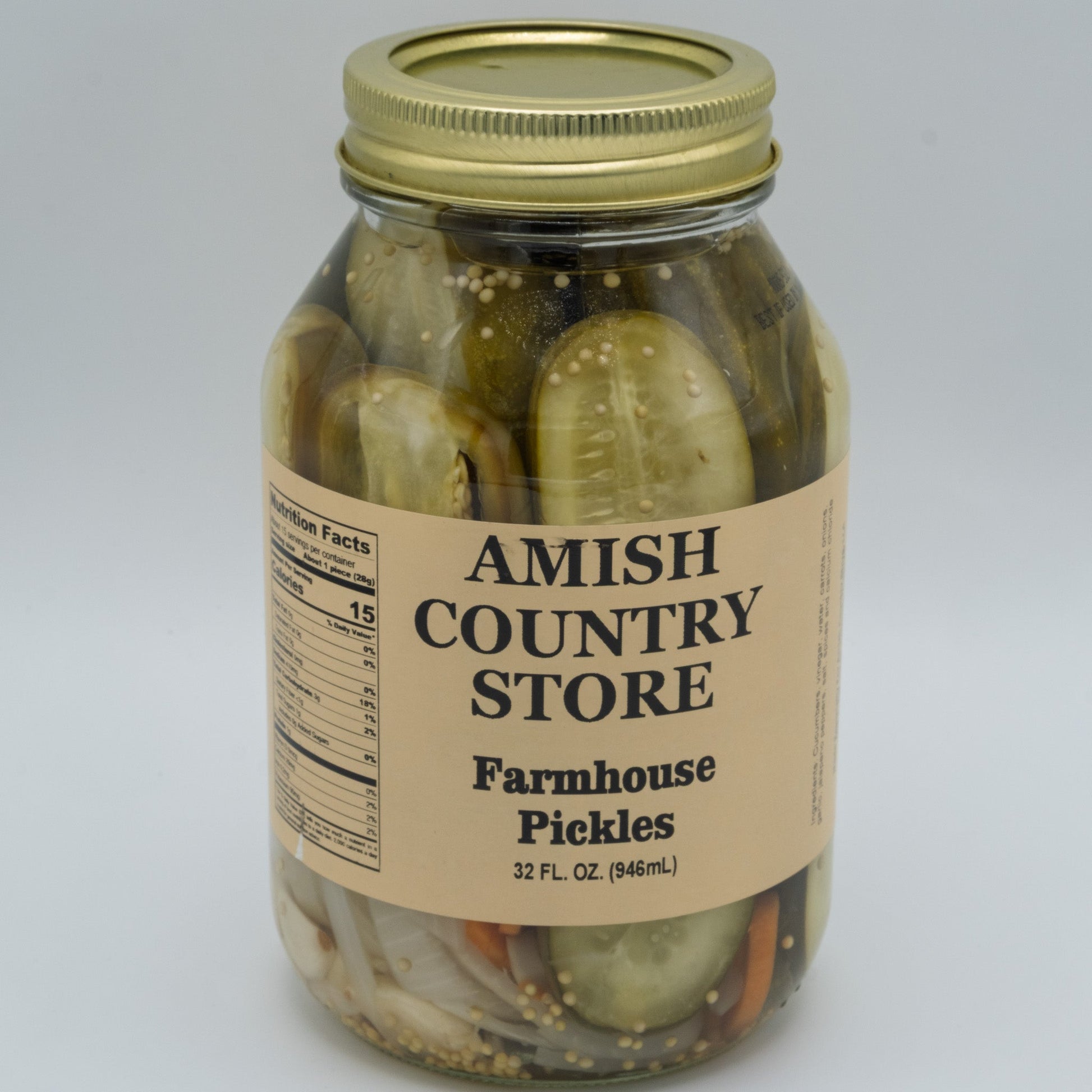 Amish Country Store Farmhouse Pickles in 32 oz jar, canned goods with sliced pickles visible in a glass jar.