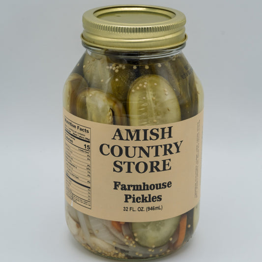 Amish Country Store Farmhouse Pickles in 32 oz jar, canned goods with sliced pickles visible in a glass jar.
