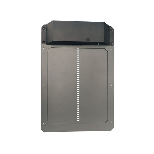 The My Pet Chicken Farmight Automatic Chicken Coop Door, Aluminum, features a gray rectangular metal panel with center slots and a black box on top, mounted on a white background for enhanced predator protection.