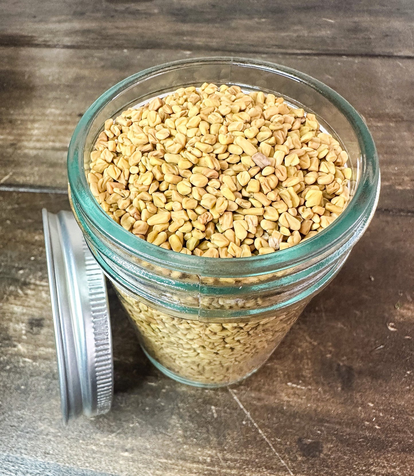 Small jar of dried fenugreek seeds from HerbalRoseApothecary herb jars collection, showing seeds inside a clear glass jar.