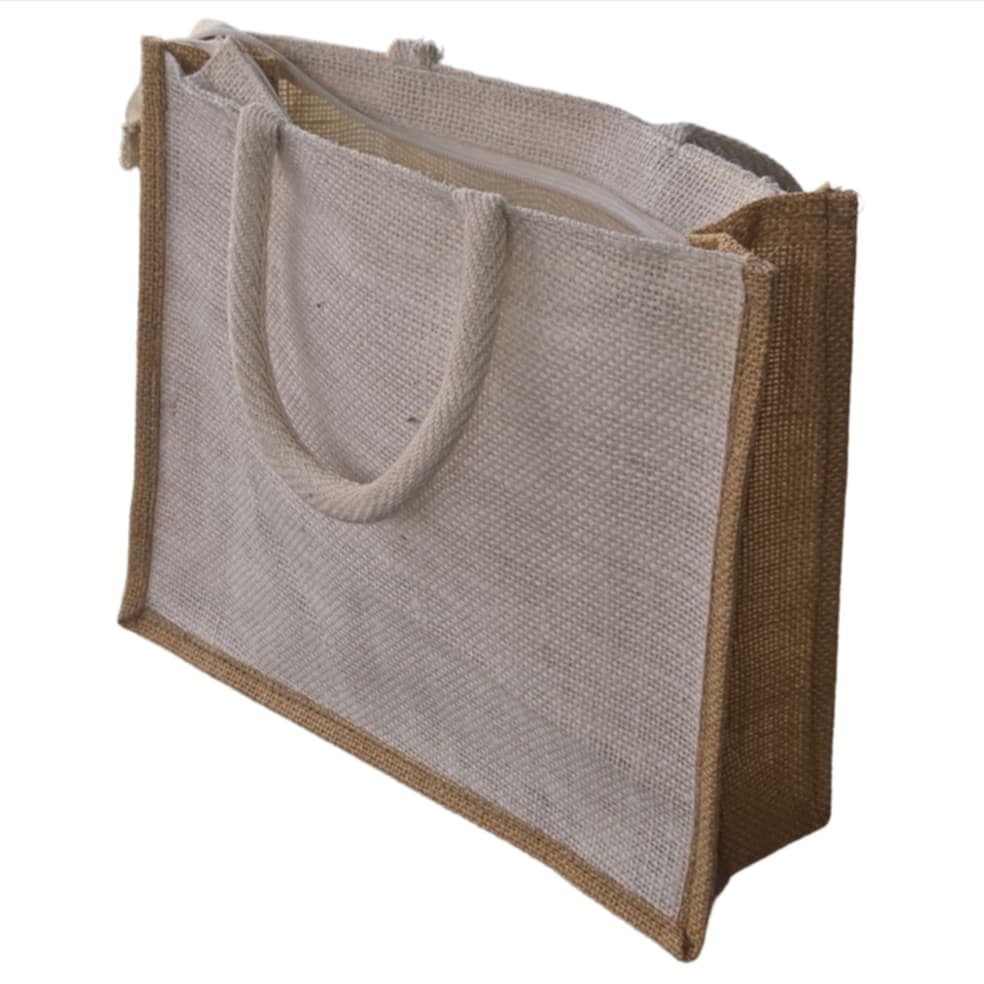Vintage style MicRic jute cotton large tote shopping bag with front pocket, custom-made for eco-friendly carrying.